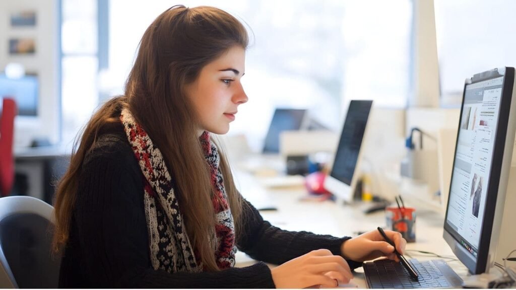Woman analyzing SEO and website analytics for small business website management services on a laptop